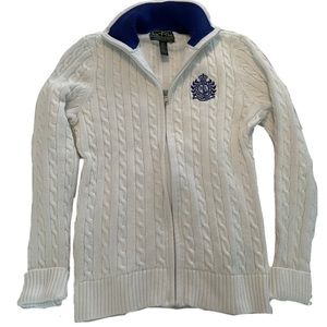 Ralph Lauren Active Fullzip Twill Sweater White Blue Size Medium Cotton Fleece.